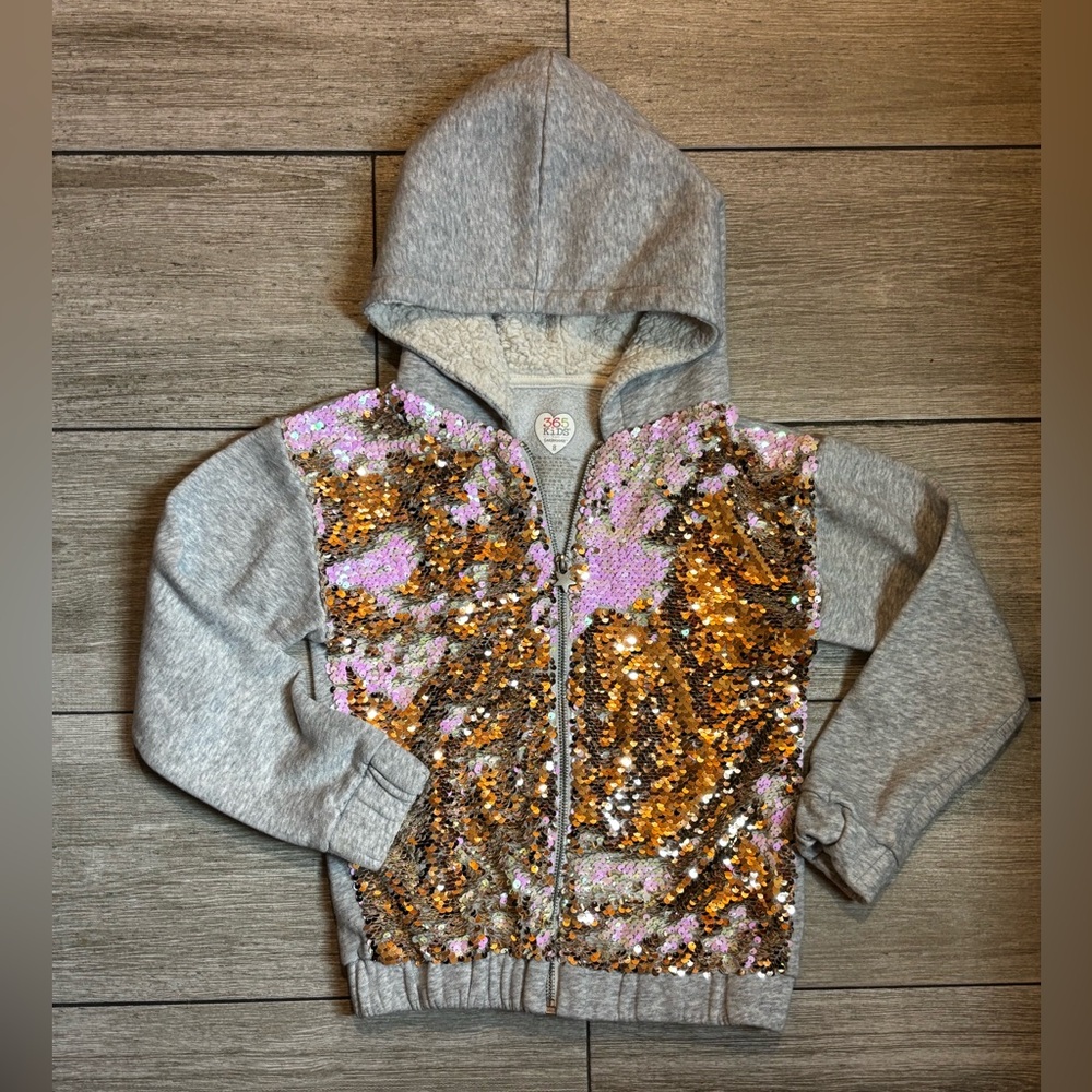 New Girls' Gray Hooded Sequin Jacket with Gold & Pink Reversible Sequins